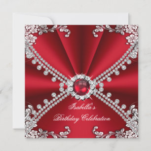 Invitación Diamante Falso Rojo Joya Floral Fiesta de Cumpleañ