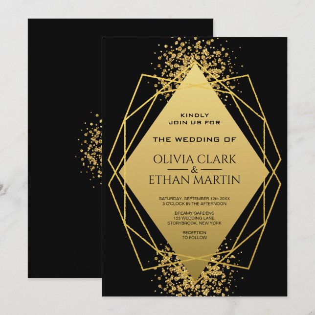 Invitación Diamante geométrico de oro moderno sobre negro (Anverso / Reverso)