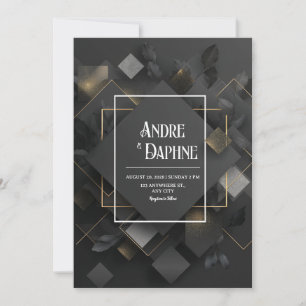 Invitación Diamante Geométrico en Capas de Brillo de Oro Negr