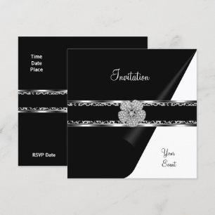 Invitación Diamante Leopardo Joya Negro Lazo Plata
