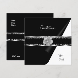 Invitación Diamante Leopardo Joya Negro Lazo Plata