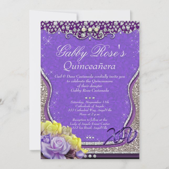 Invitación Diamante morado Quinceañera y dulce 16 (Anverso)