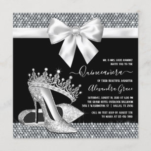 Invitación Diamante Negro Blanco Tiara Zapato Glam Quinceañer