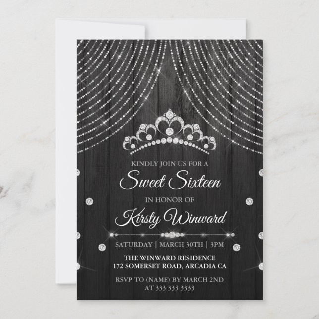 Invitación Diamante negro plateado Tiara Sweet 16 (Anverso)