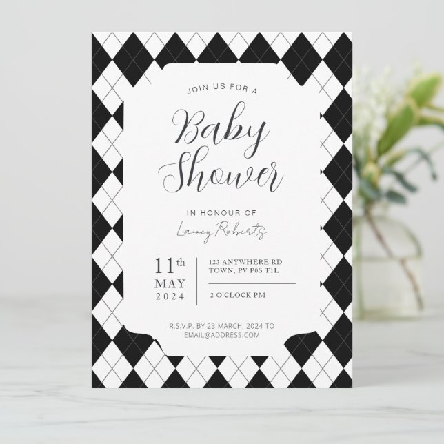 Invitación Diamante Negro y Blanco Argyle Sin Género (Anverso de pie)