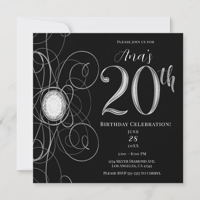 Invitación Diamante negro y plateado 20 Fiesta de cumpleaños  (Anverso)