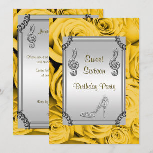 Invitación Diamante Nota Musical, Tacón y Rosas Sweet 16