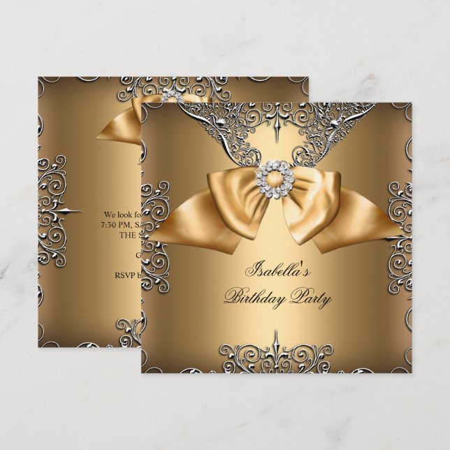 Invitación Diamante Oro Beige Bow Plata Elegante Cumpleaños (Anverso / Reverso)