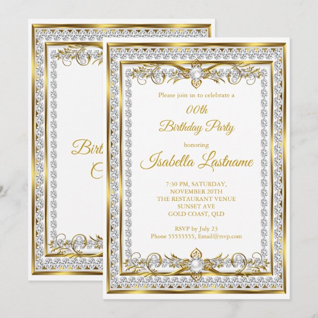 Invitación Diamante Oro Perla Blanca Fiesta de Cumpleaños Ele (Anverso / Reverso)