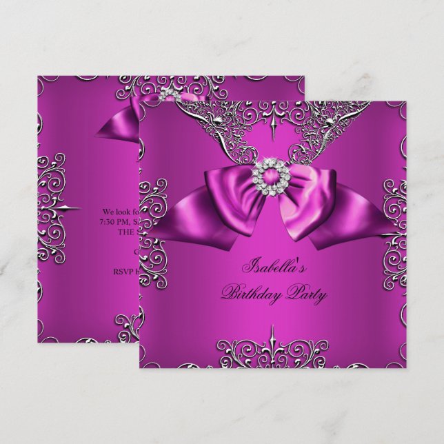 Invitación Diamante Plum Rosa Bow Plata Elegante Cumpleaños (Anverso / Reverso)
