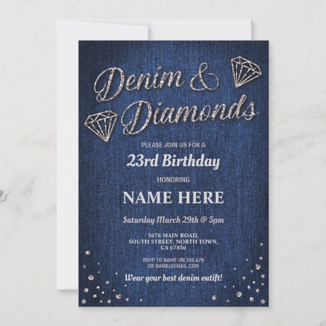 Invitación Diamante Purpurina de plata de denim azul de fiest (Anverso)