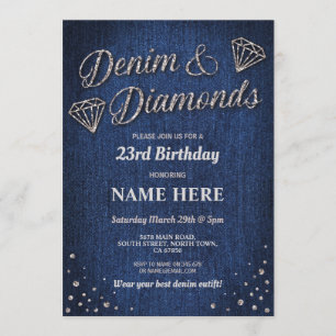 Invitación Diamante Purpurina de plata de denim azul de fiest