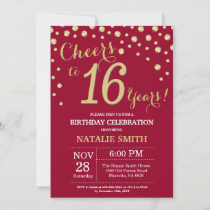 Invitación Diamante Rojo Borgoña y Dorado Cumpleaños 16