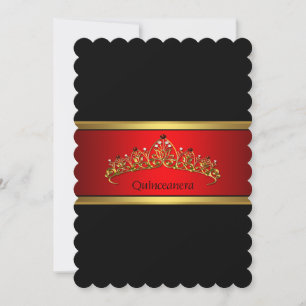 Invitación Diamante Rojo y Negro Quinceanera Tiara de Oro Cum