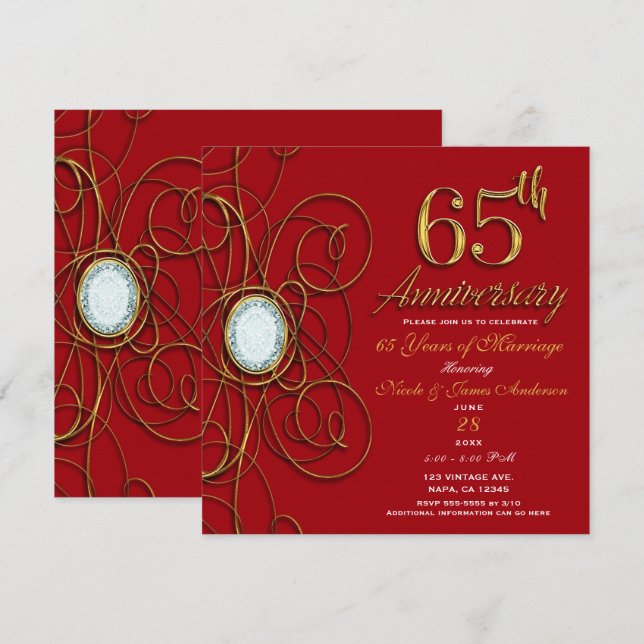 Invitación Diamante Rojo y Oro 65 Aniversario 65 (Anverso / Reverso)
