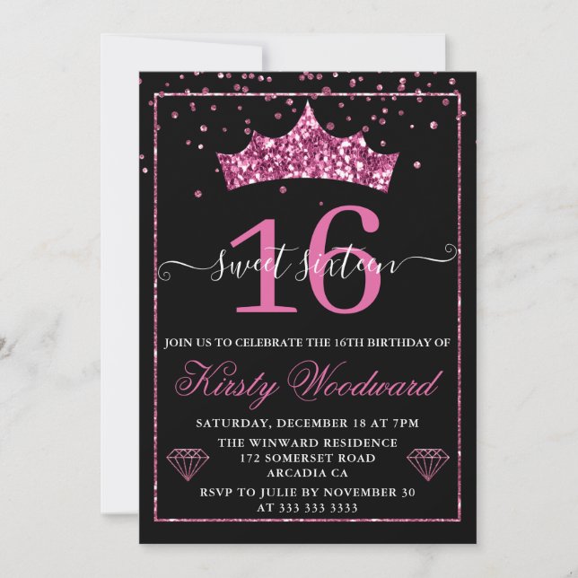 Invitación Diamante Rosa Confetti Tiara Sweet 16 (Anverso)