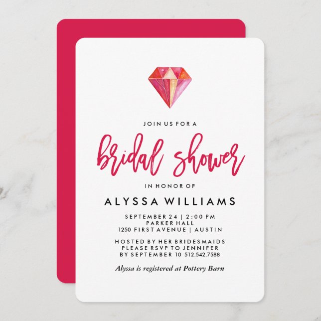 Invitación Diamante rosa| Ducha de novia de color agua (Anverso / Reverso)