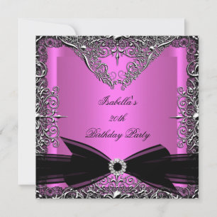 Invitación Diamante Rosa Negro Lazo Plateado Fiesta de Cumple