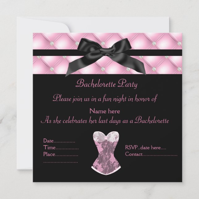 Invitación diamante rosa nuevo diseño corsé negro elegante (Anverso)