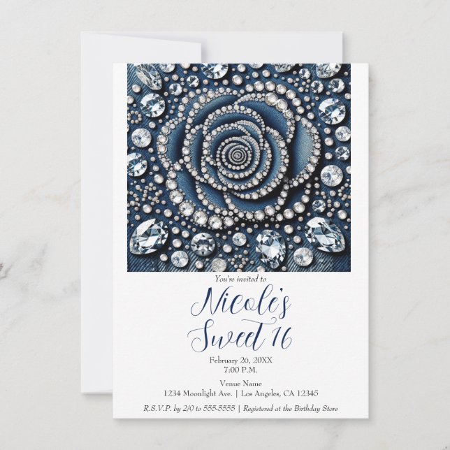 Invitación Diamante Rosa y Denim Glam Sweet 16 Fiesta de cump (Anverso)