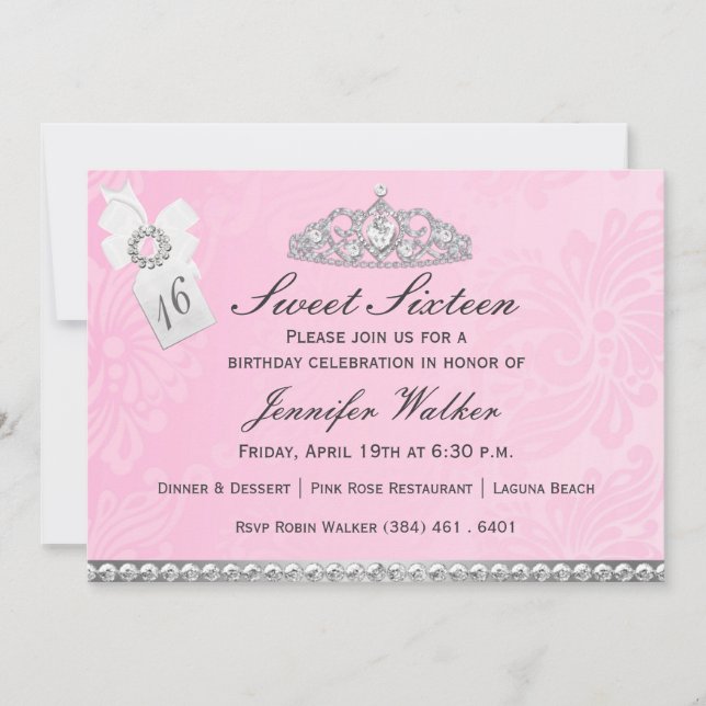 Invitación Diamante rosa y plateado Tiara Dulce Dieciséis Inv (Anverso)