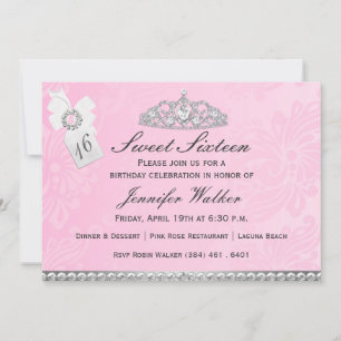 Invitación Diamante rosa y plateado Tiara Dulce Dieciséis Inv