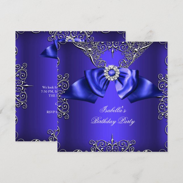 Invitación Diamante Royal Blue Purple Silver Elegante Cumplea (Anverso / Reverso)