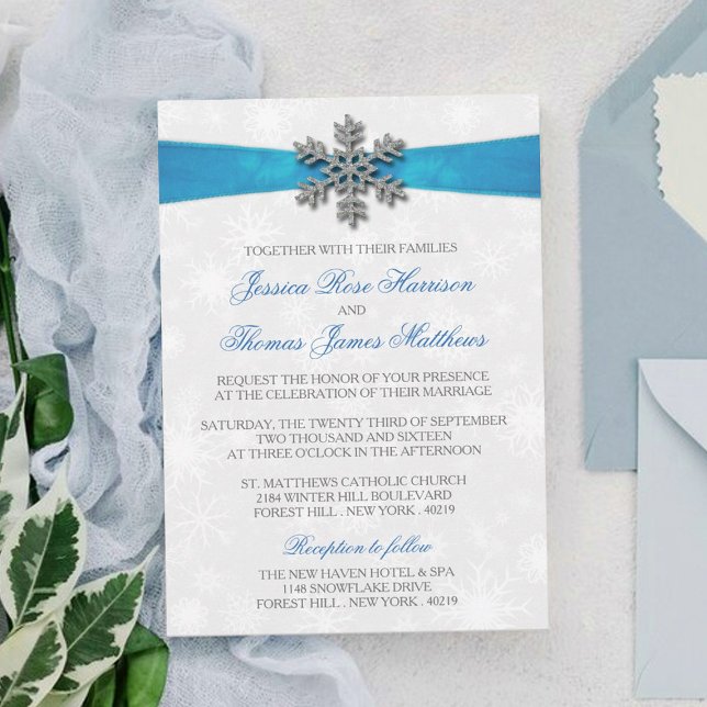 Invitación Diamante Snowflake & Blue Ribbon Winter Wedding (Subido por el creador)
