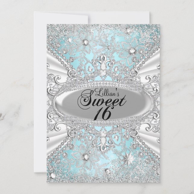 Invitación Diamante Snowflake Blue Winter Wonderland Sweet 16 (Anverso)