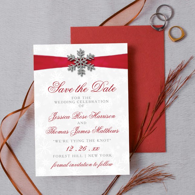 Invitación Diamante Snowflake & Red Ribbon Boda de Invierno (Subido por el creador)