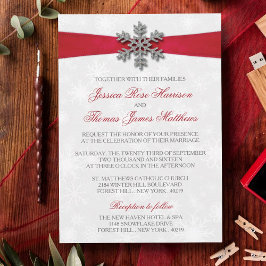 Invitación Diamante Snowflake & Red Ribbon Boda de Invierno
