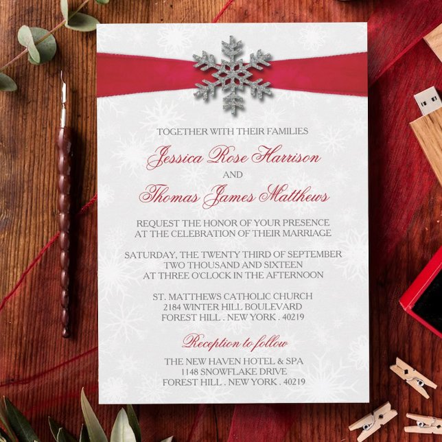 Invitación Diamante Snowflake & Red Ribbon Boda de Invierno (Subido por el creador)