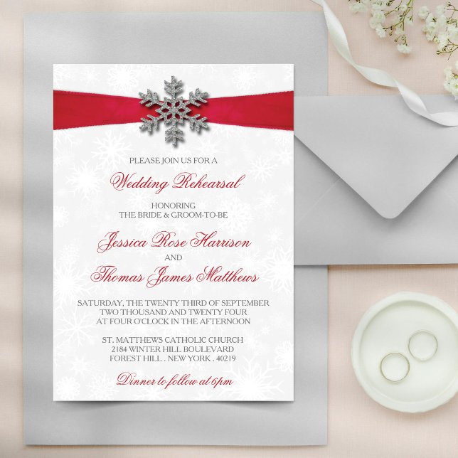 Invitación Diamante Snowflake & Red Ribbon Boda de Invierno (Subido por el creador)