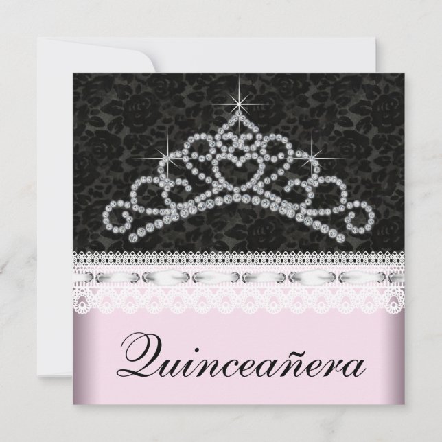 Invitación Diamante Tiara Dulce Negro Rosa 15 Quinceanera (Anverso)