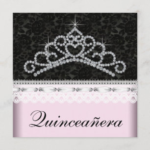Invitación Diamante Tiara Dulce Negro Rosa 15 Quinceanera