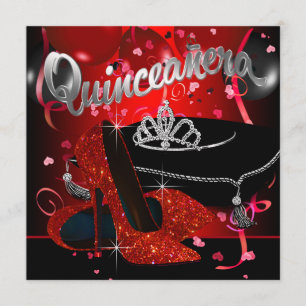 Invitación Diamante Tiara Quinceañera Rojo y Negro