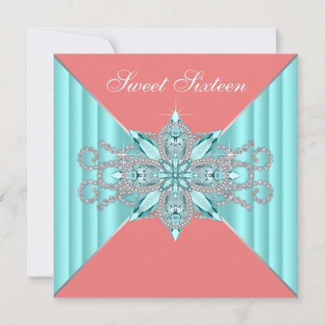 Invitación Diamante Turquesa Azul Coral Dulce 16 Cumpleaños (Anverso)