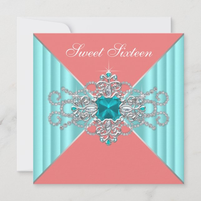 Invitación Diamante Turquesa Azul Coral Dulce 16 Cumpleaños (Anverso)
