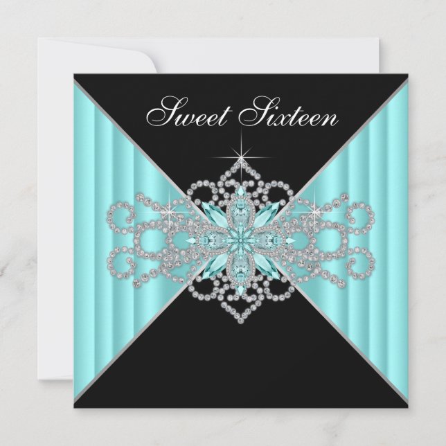 Invitación Diamante Turquesa Azul y Dulce Negro 16 Cumpleaños (Anverso)