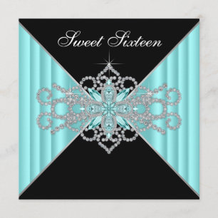 Invitación Diamante Turquesa Azul y Dulce Negro 16 Cumpleaños