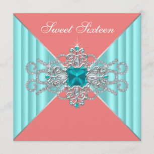 Invitación Diamante Turquesa Coral Azul Cumpleaños Dulces 16