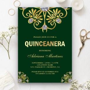 Invitación Diamante Verde Dorado Mandala Quinceañera