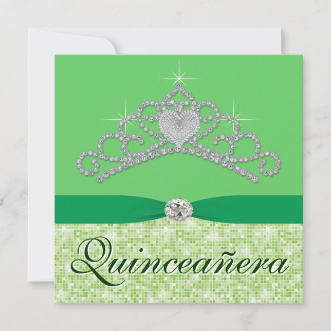 Invitación Diamante Verde Lima Tiara Verde Quincenera (Anverso)