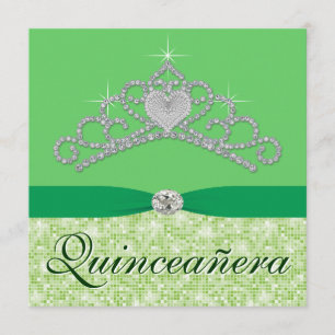 Invitación Diamante Verde Lima Tiara Verde Quincenera