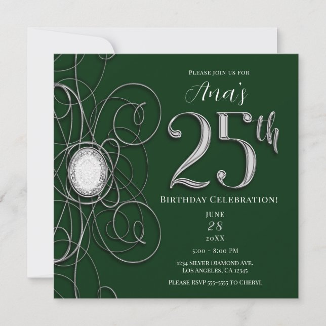 Invitación Diamante verde y plateado 25 Fiesta de cumpleaños  (Anverso)