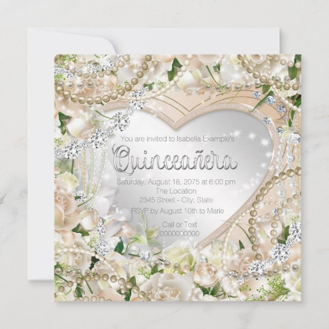 Invitación Diamante y Perla Quinceañera Rosa Blanca (Anverso)