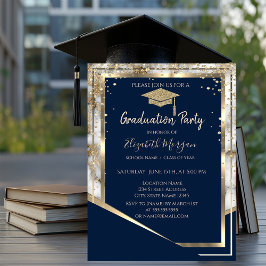 Invitación Diamantes Azules Marino Dorados Tapa Graduada de M