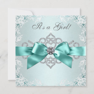 Invitación Diamantes Blancos Baby Shower Azul Turquesa