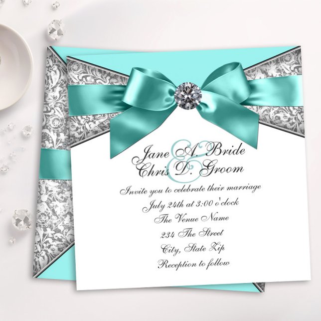 Invitación Diamantes Blancos Boda Azul Turquesa (Elegant teal blue diamond wedding invitation. )