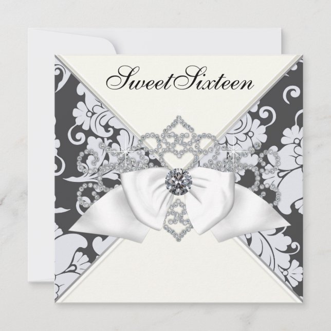 Invitación Diamantes blancos Dulce blanco negro Dulce 16 Fies (Anverso)